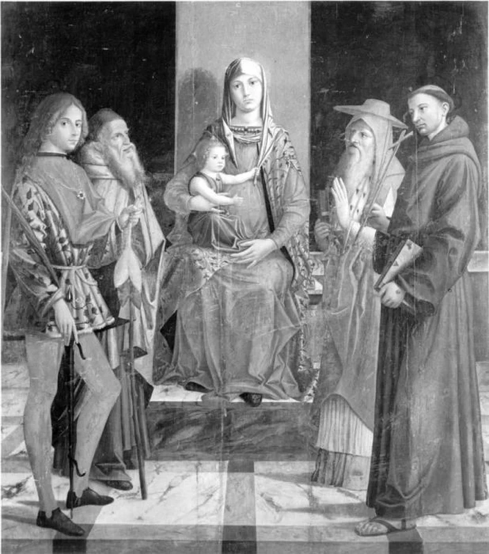 Bartolomeo Montagna-56-Madonna con Bambino in trono tra Sant'Ansano, Sant'Antonio Abate, San Girolamo e San Francesco d'Assisi - Vicenza, Pinacoteca Civica